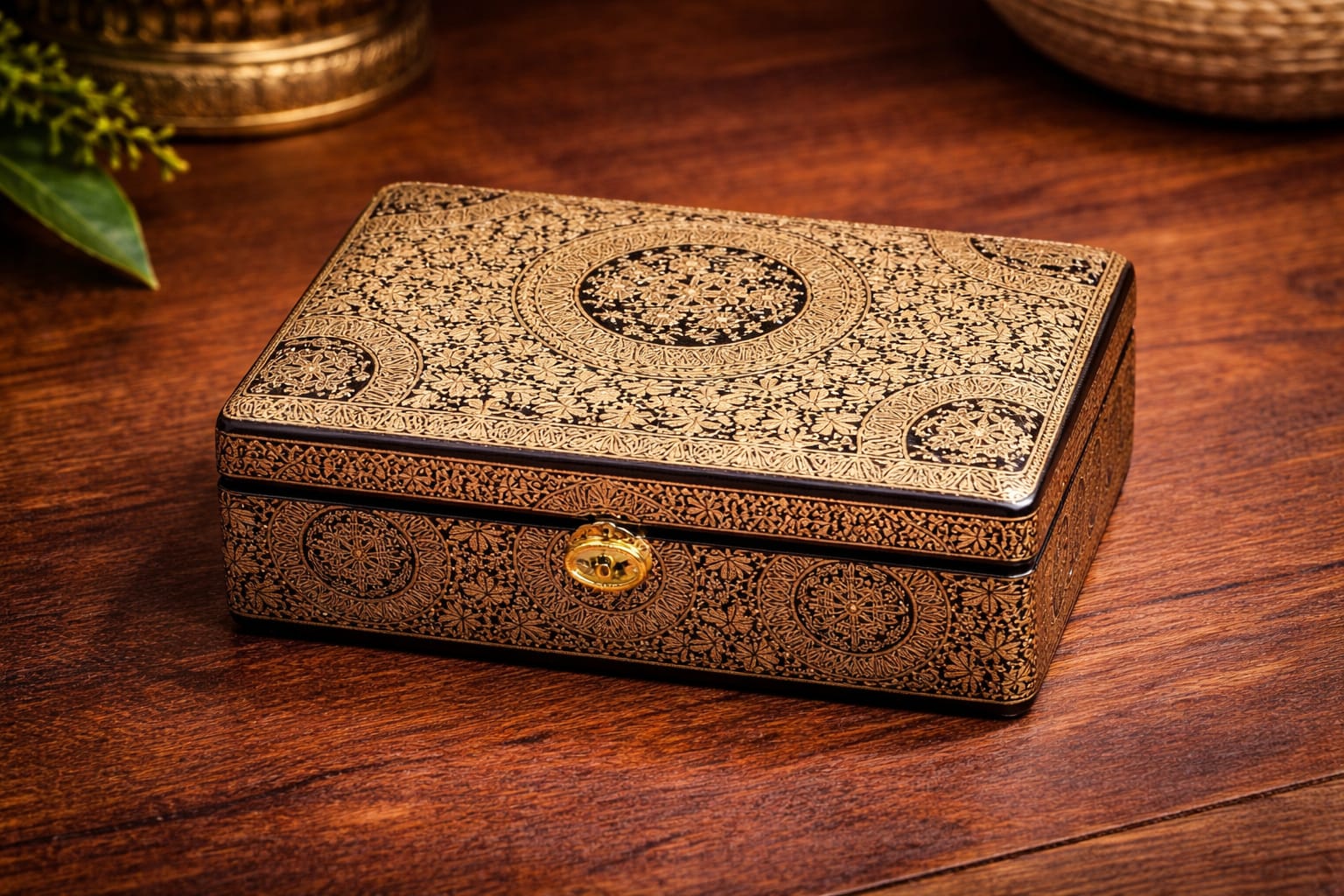 Paper Mache Box,Vintage paper mache Box,Pure Gold work,antique paper mache box kashmir,hand painted jewellery box